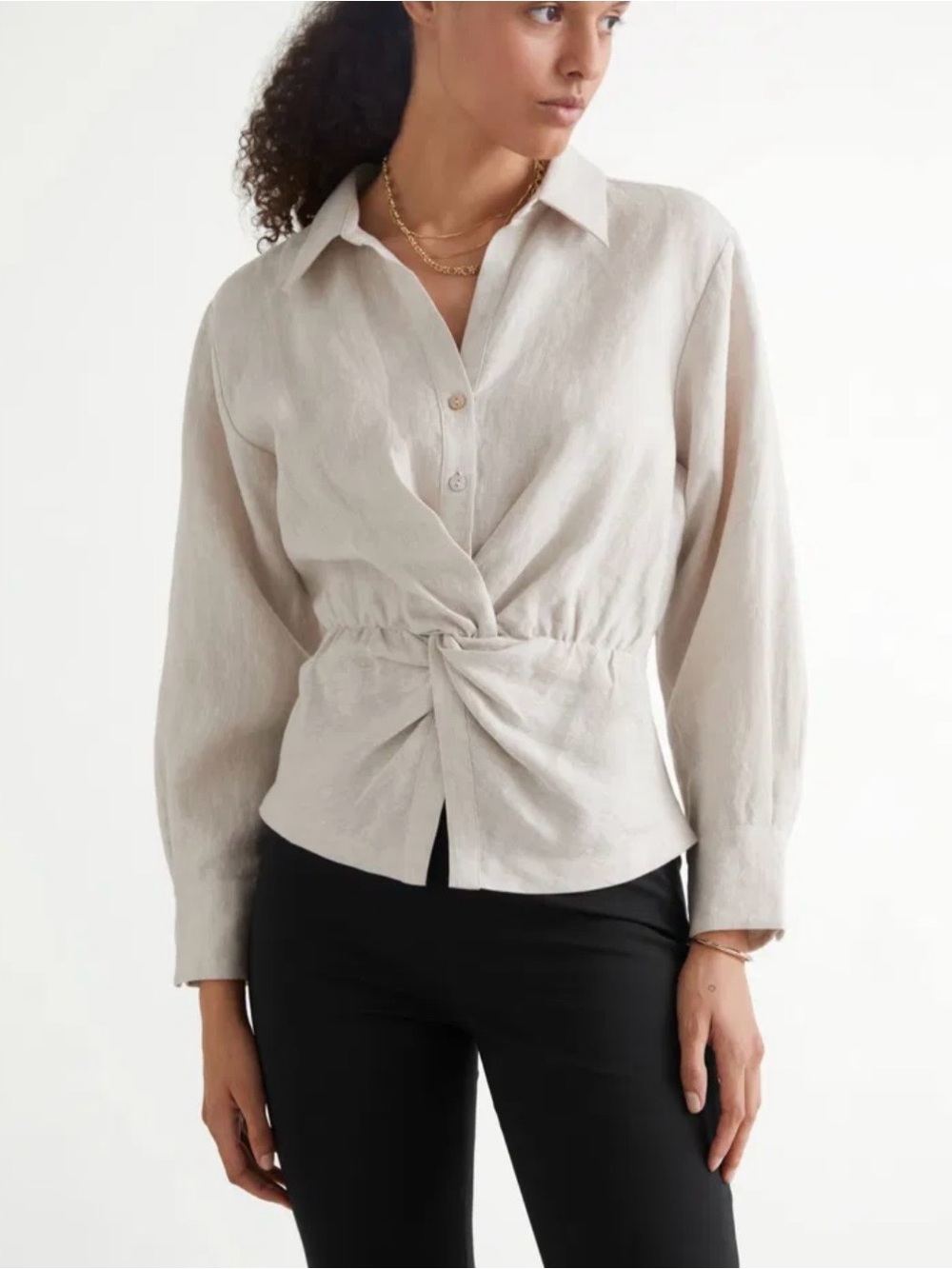 & Other Stories Buttoned Twist Waist Linen Oatmeal Beige Blouse Size 4